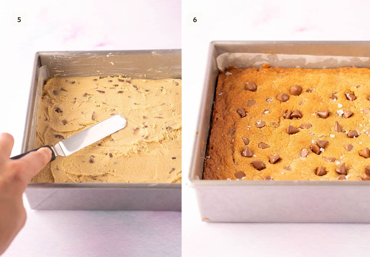 Two cookie pans showing cookie dough before and after being baked in the oven.