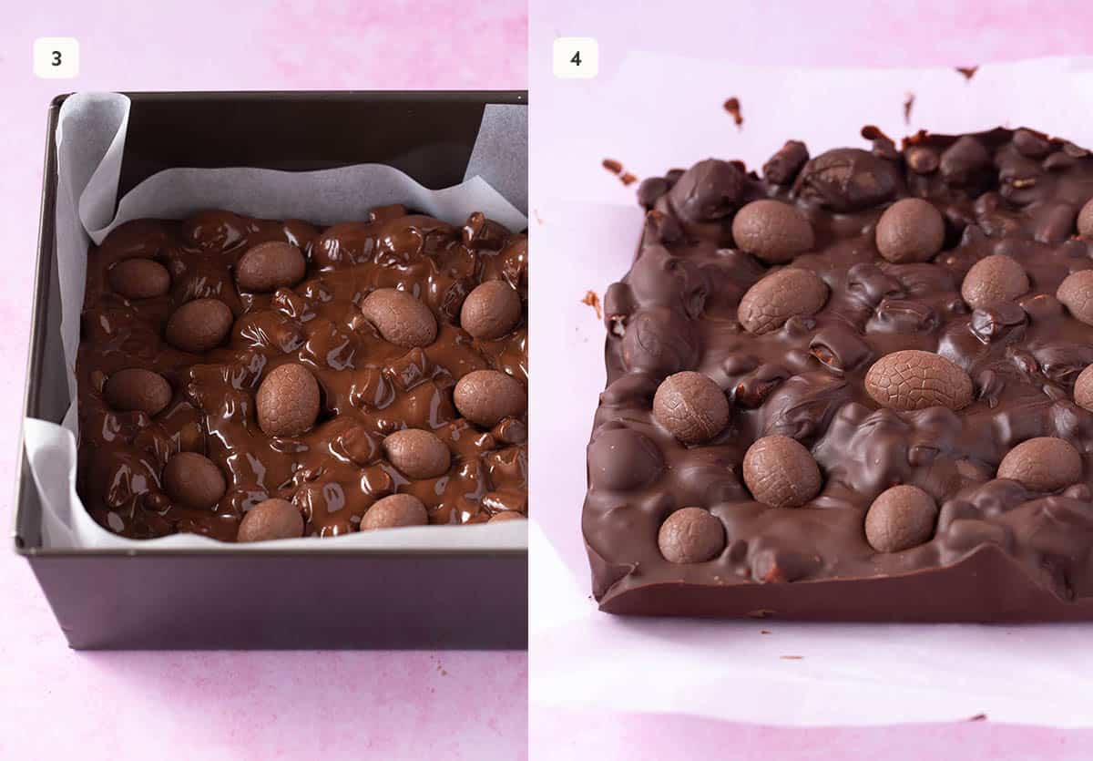 Two images showing rocky road before set and after time in the fridge. 