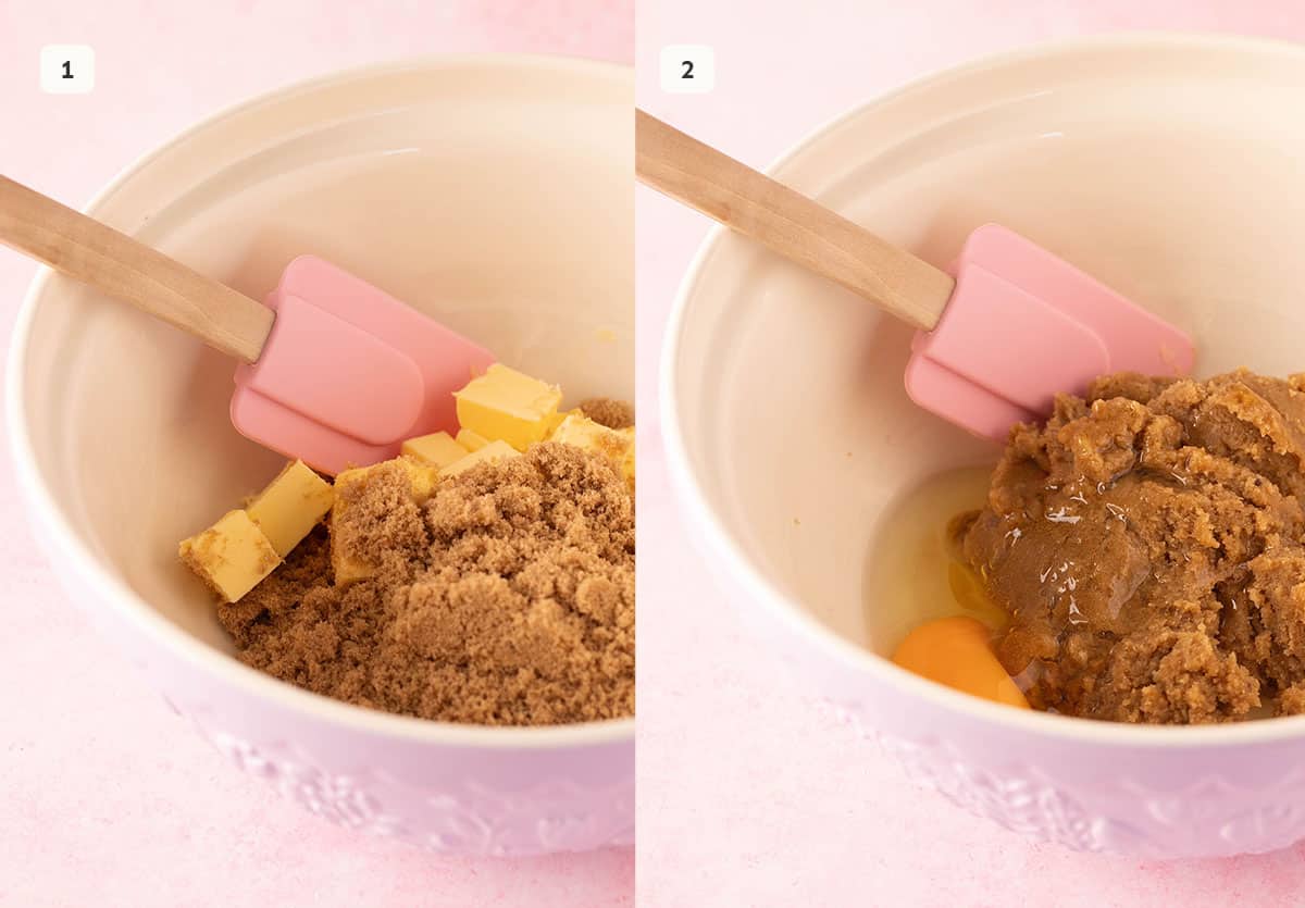 Large mixing bowl showing how to beat butter and sugar together to make cookie dough. 