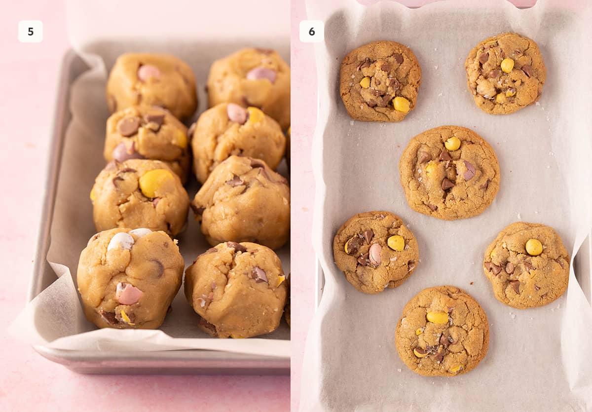 Cookie dough of mini egg cookies before and after being baked. 