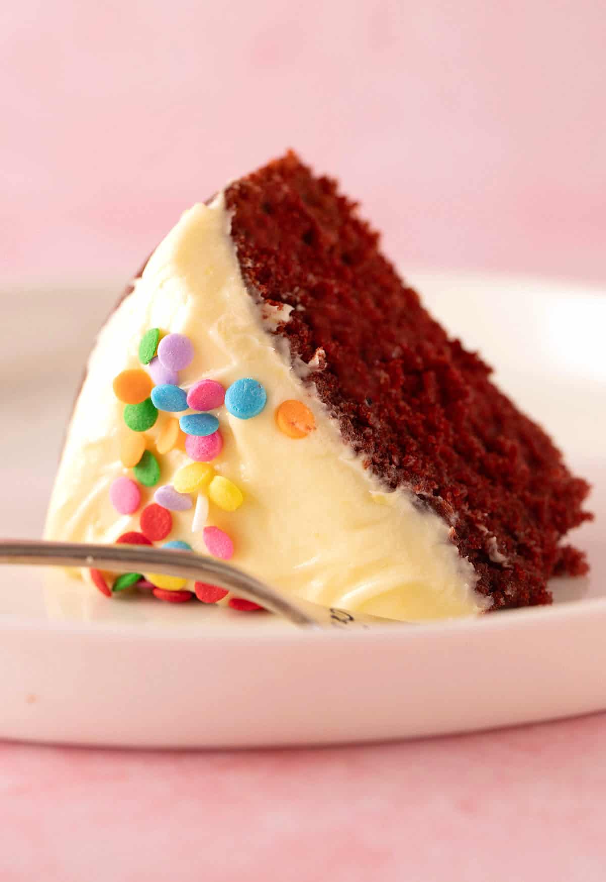 A beautiful slice of red velvet cake with sprinkles.