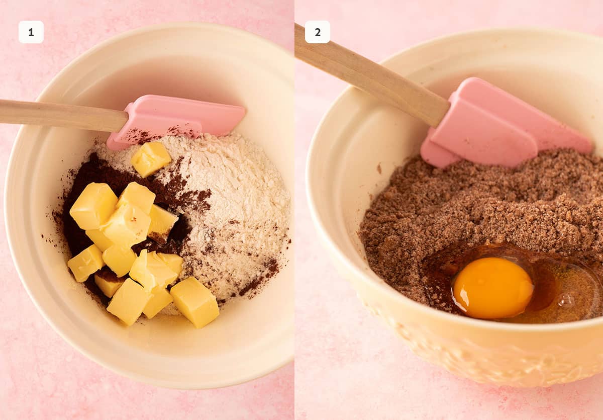 Two photos showing how to mix butter into dry ingredients when using the reverse creaming method.