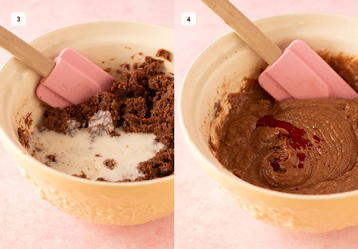 A mixing bowl filled with chocolate cake batter and red food colour.