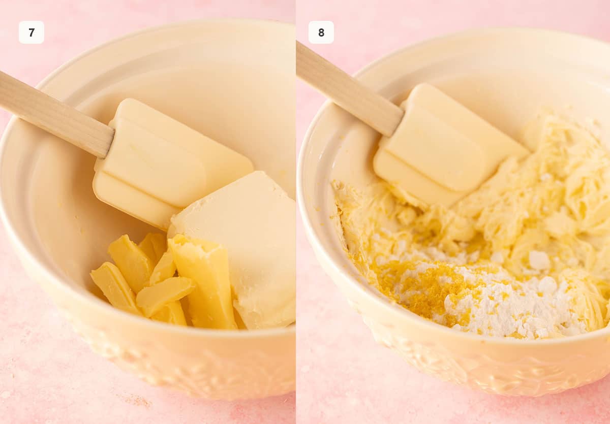 A large mixing bowl with butter and cream cheese.