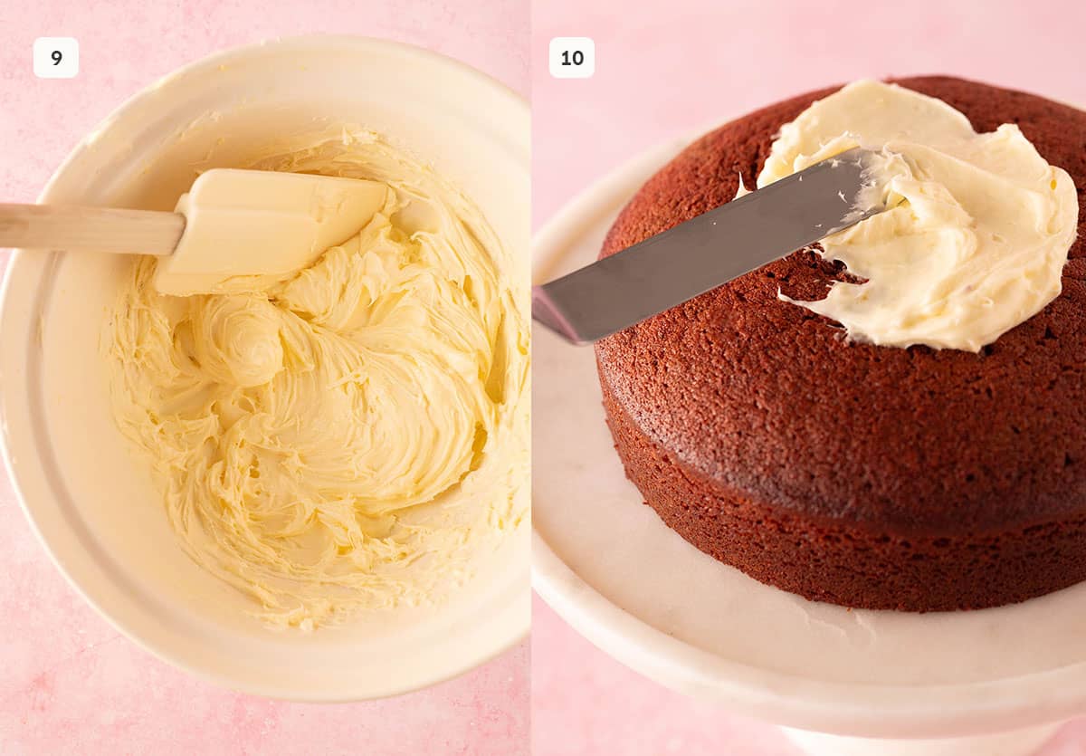 Image showing how to spread homemade cream cheese frosting on cake.