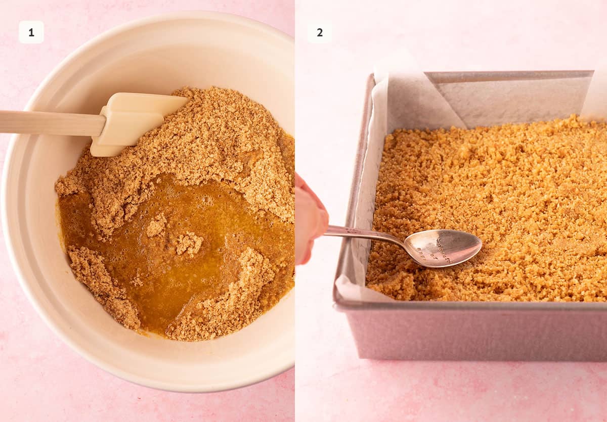 Side by side photos showing how to mix and press biscuit base into baking pan. 