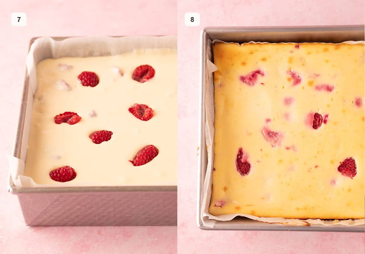 Photo tutorial showing cheesecake bars before and after being baked. 