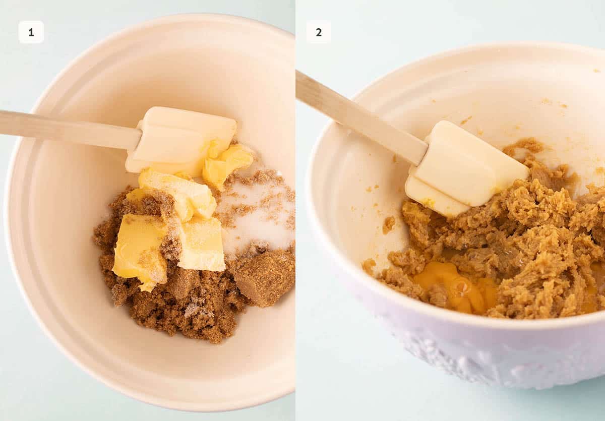 Large mixing bowl with butter and sugar. 