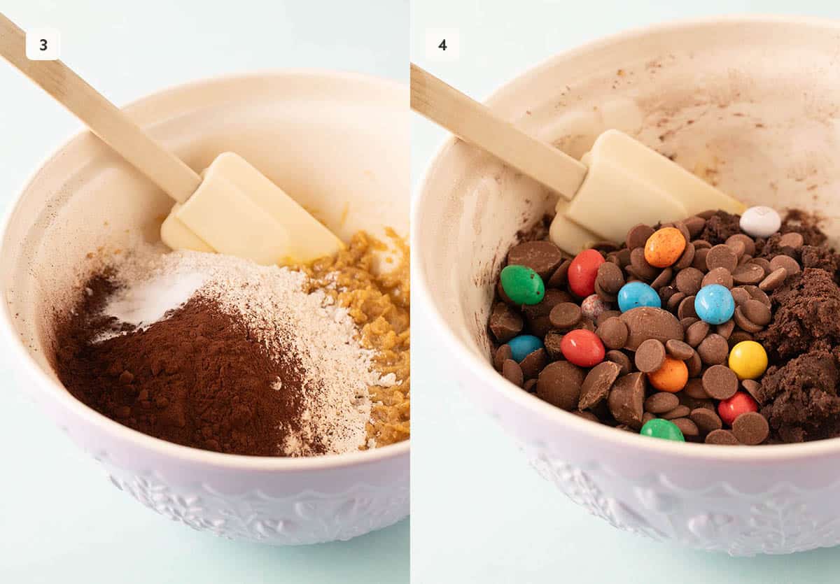 Two mixing bowls showing how to add dry ingredients and Easter eggs into cookie dough.