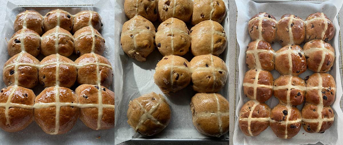Different variations of hot cross buns during the recipe testing process.