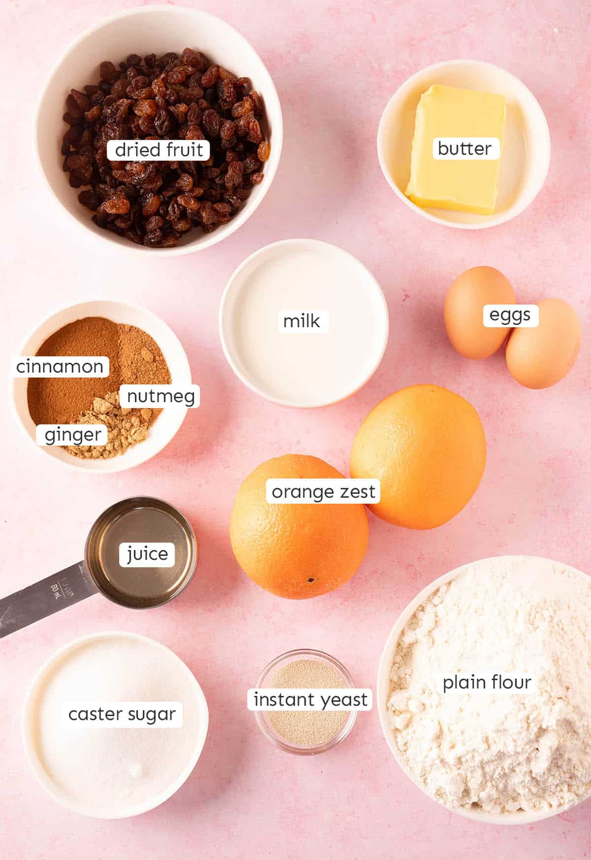 All the ingredients needed to make Hot Cross Buns from scratch.