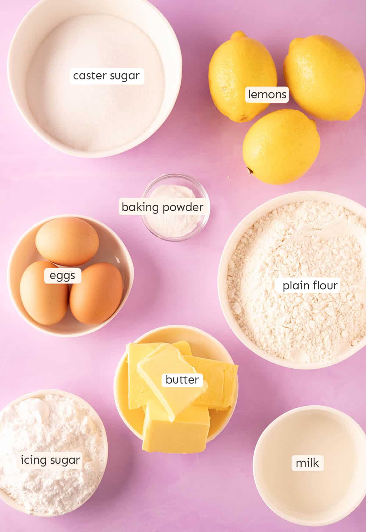 All the ingredients needed to make Lemon Pound Cake from scratch. 