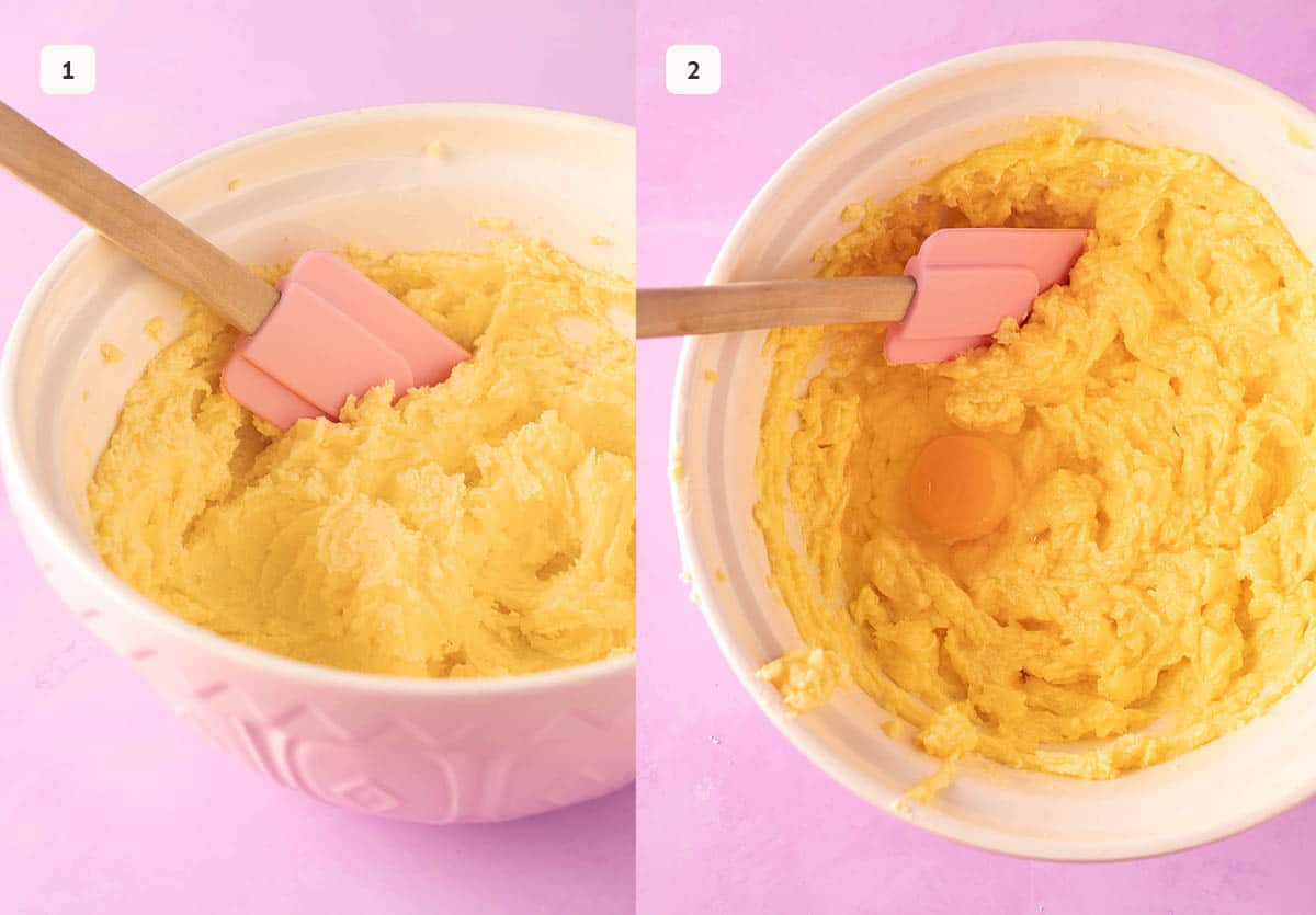 Step by step photos showing how to cream butter and sugar. 