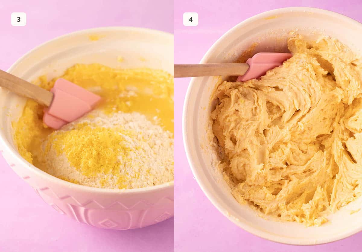 Side by side mixing bowls showing how to add dry ingredients to make pound cake batter. 