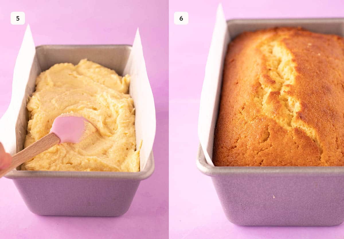 Lemon Pound Cake in loaf pan before being baked and after. 
