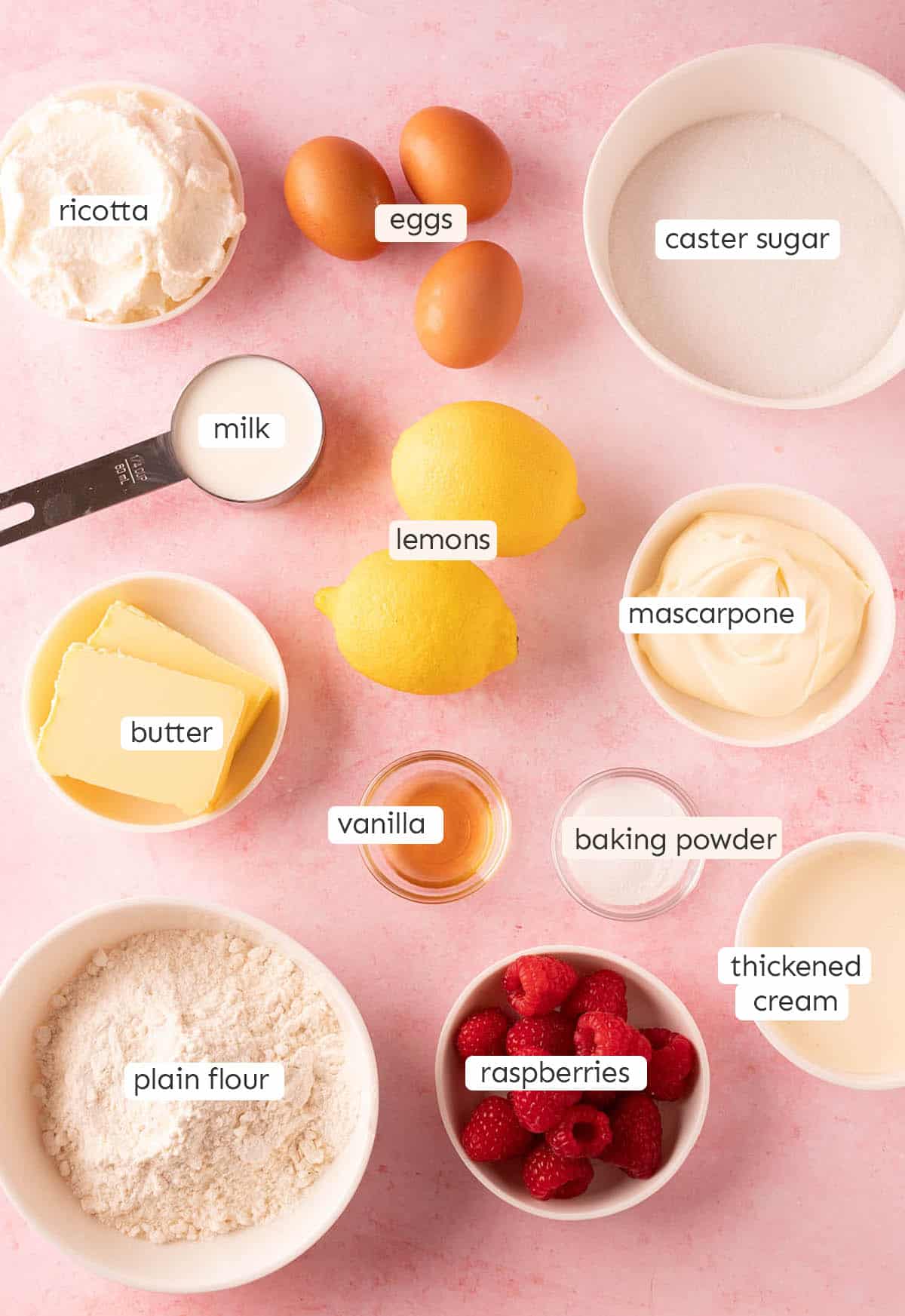 All the ingredients needed to make Lemon Ricotta Cake from scratch.