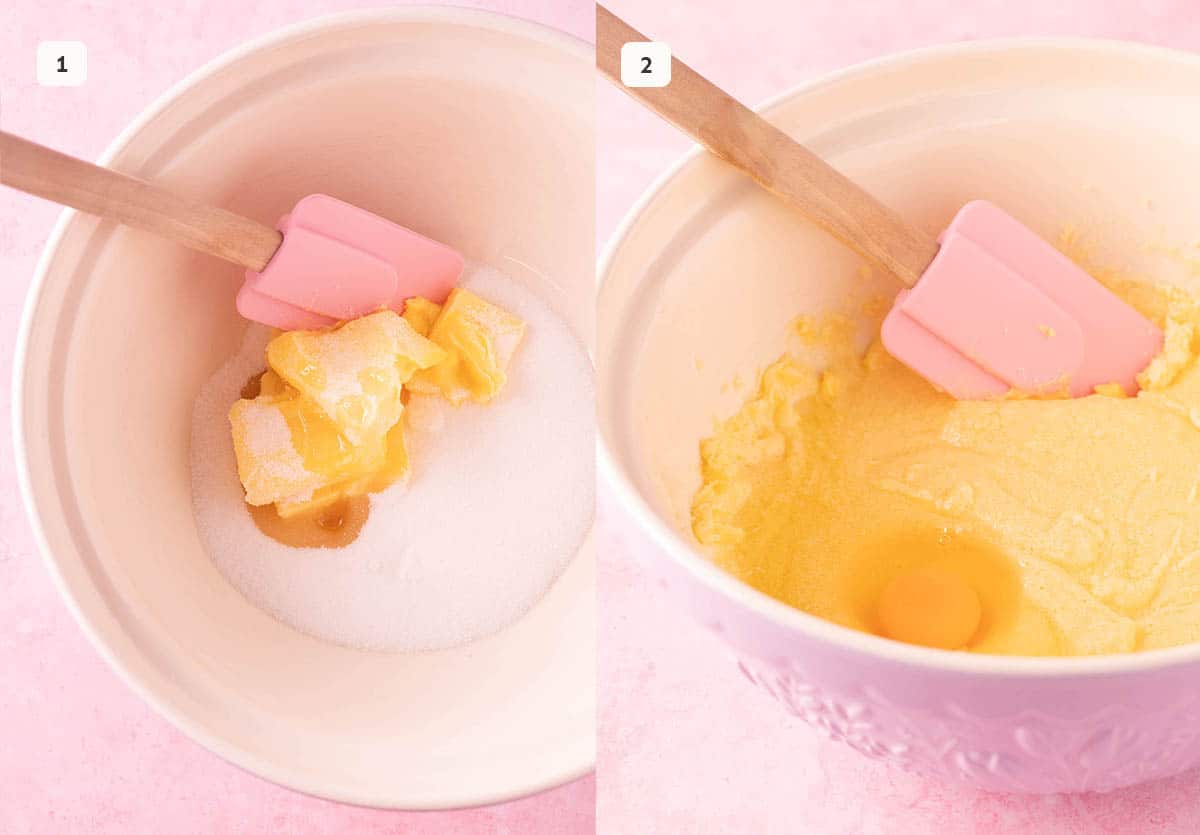 Two photos showing how to cream butter and sugar. 