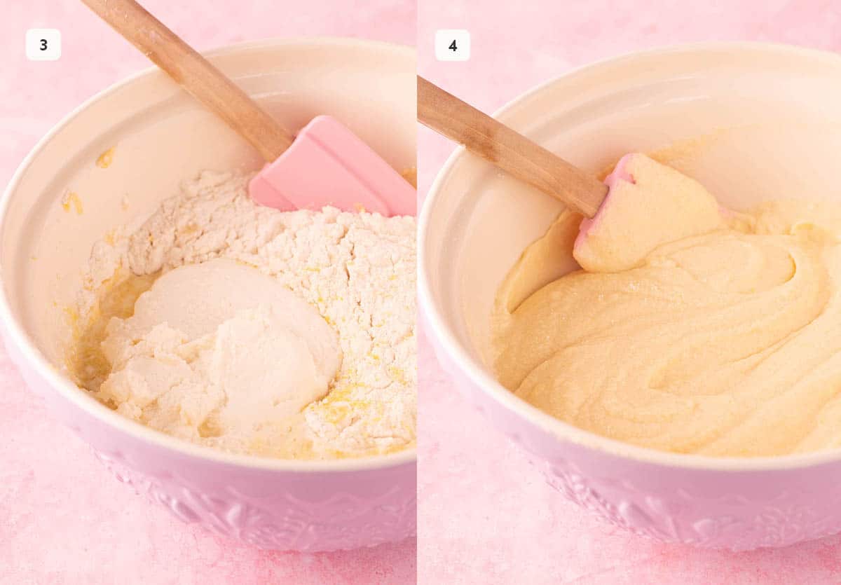 Side by side mixing bowls showing how to add dry ingredients to create creamy cake batter.