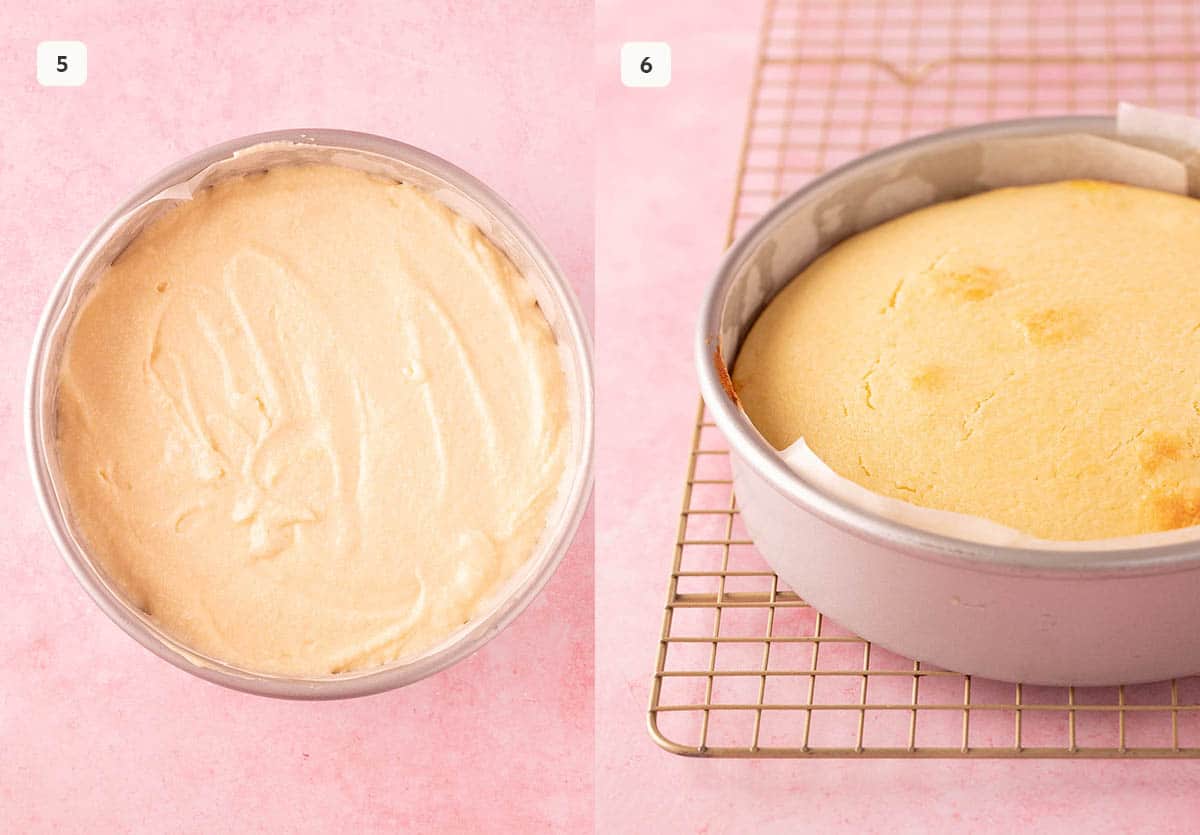Cake batter in cake pan before and after it is baked.