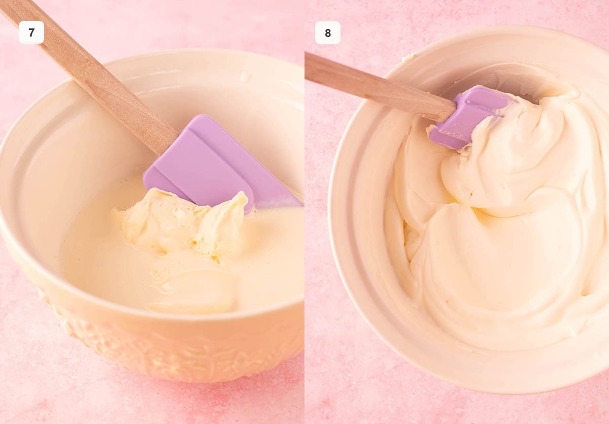 Large mixing bowls showing mascarpone cream before and after it is whipped.