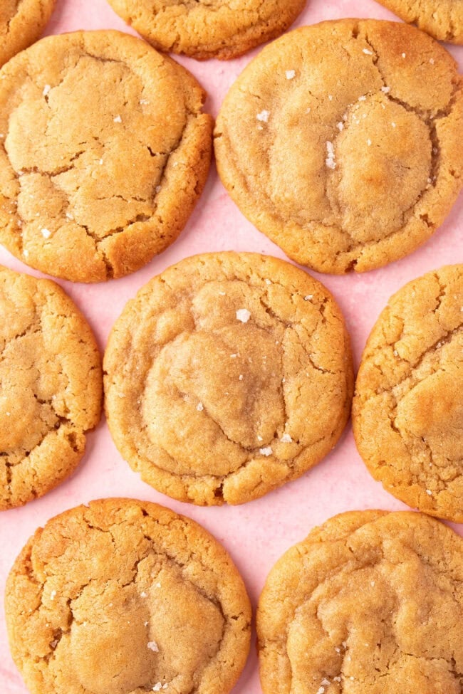 Peanut butter miso cookies on a pink backdrop
