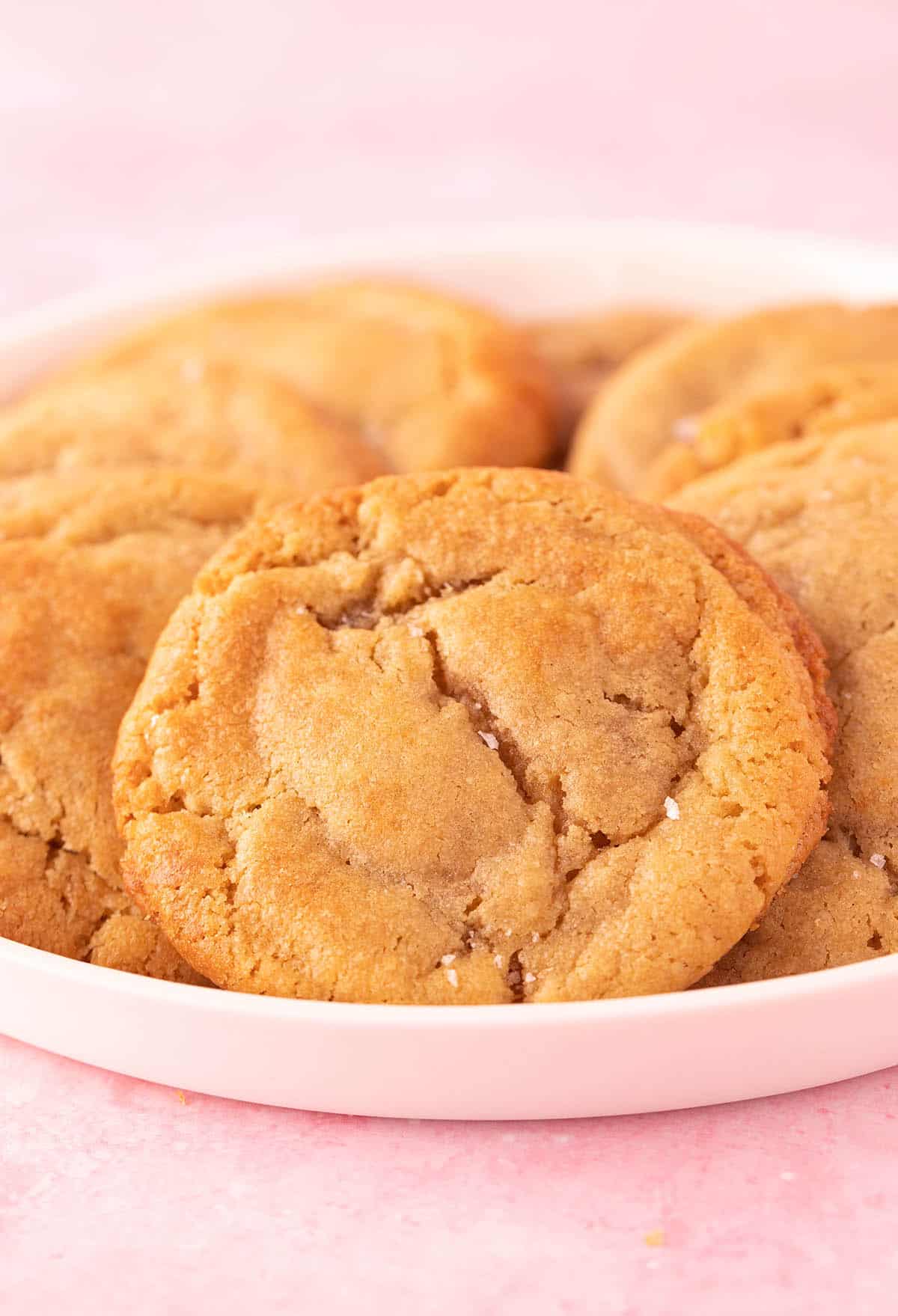 A white plate of homemade peanut butter miso cookies. 