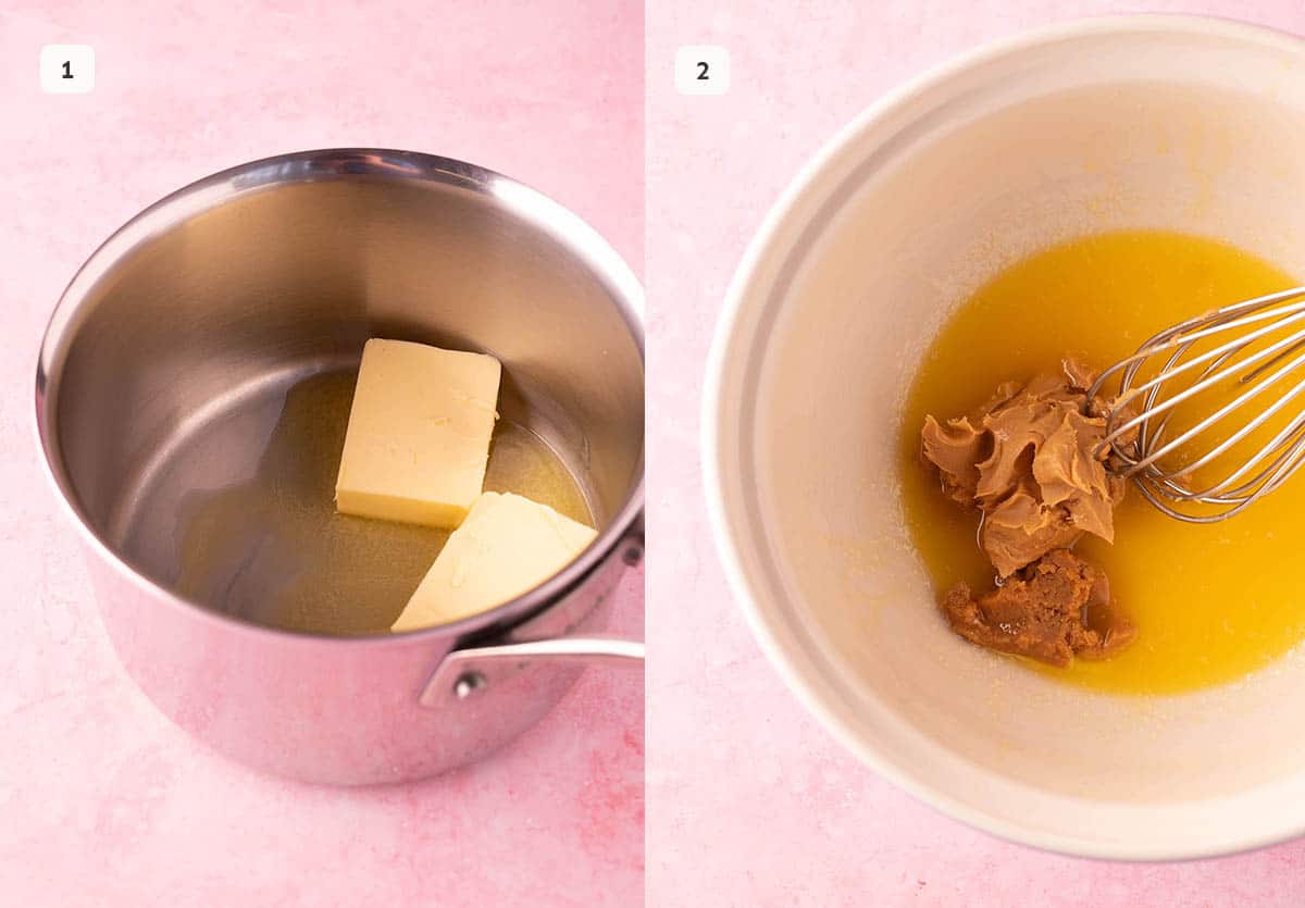 Photo tutorial showing how to brown butter and add peanut butter and miso. 