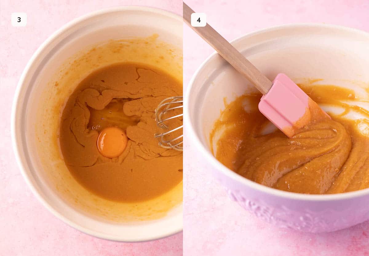 Side by side photos showing how to mix together egg and vanilla into cookie dough. 