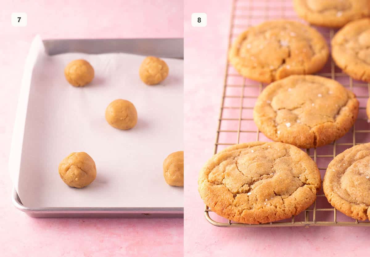 Baking tray with cookie dough and a cooling wrap with cooked cookies.