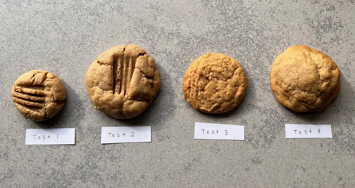 Four different iterations of peanut butter miso cookies. 