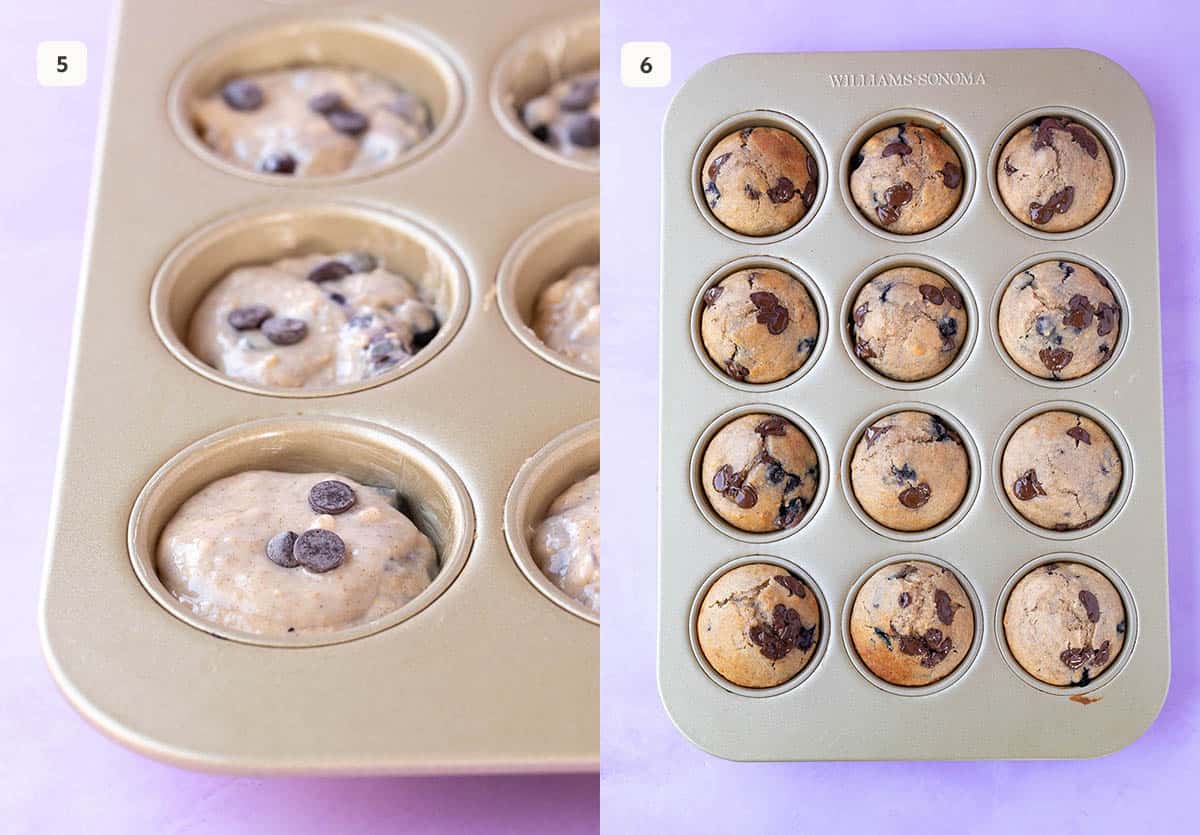 A muffin pan filled with muffin batter and final shot of muffins fresh from the oven.