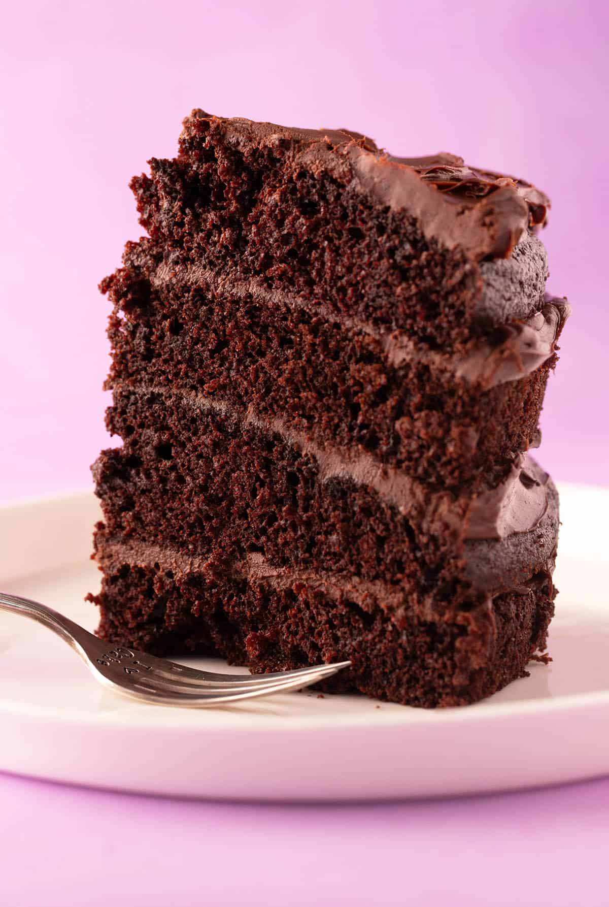 A large slice of Moist Chocolate Cake on a white plate. 