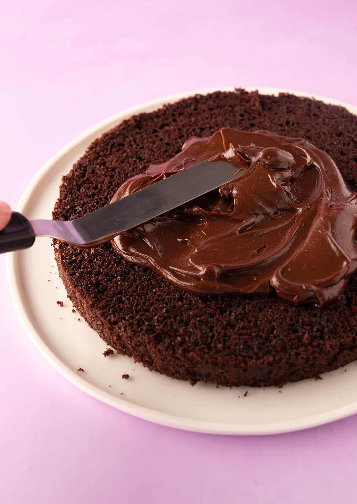 A slice of cake with ganache on top