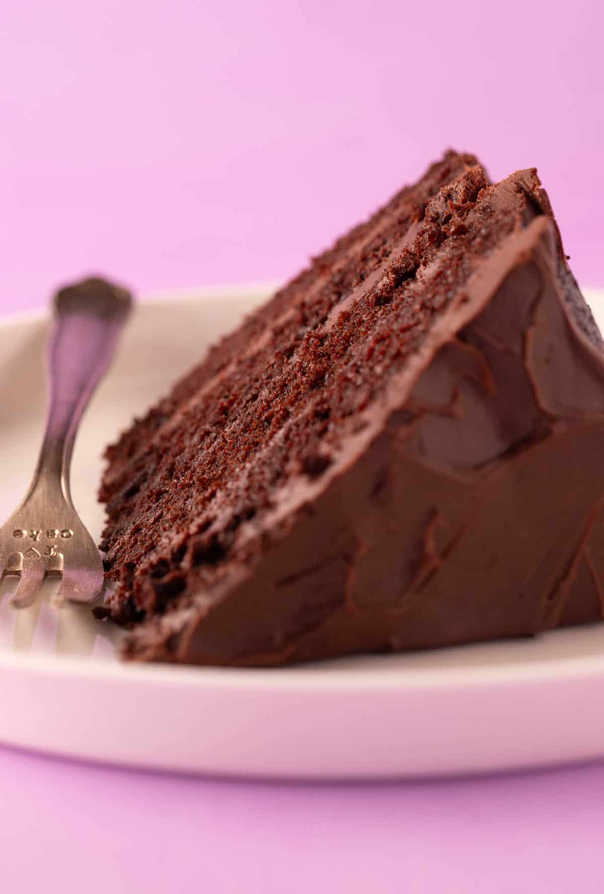 Close up of a fudgy piece of homemade chocolate cake on a plate with a decorative fork.