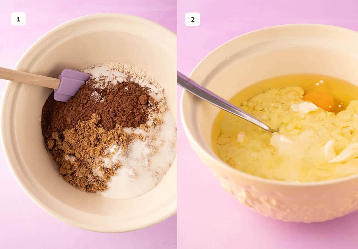Side by side photos of dry ingredients and wet ingredients for chocolate cake.