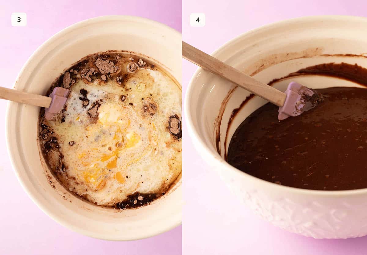 A mixing bowl filled with chocolate cake batter. 