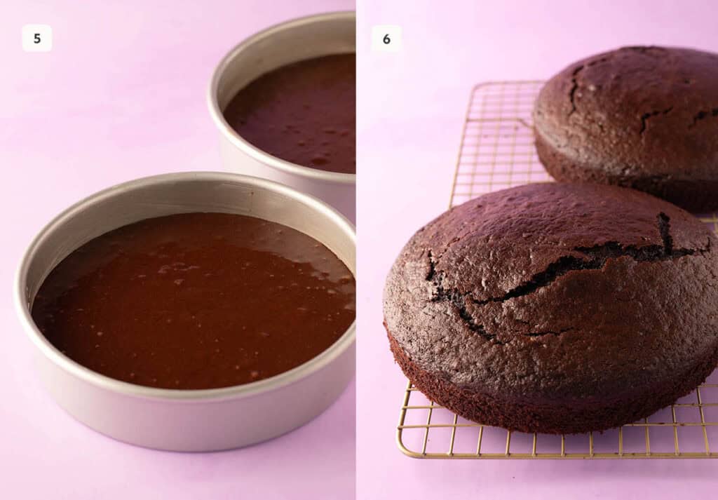 Cake batter in cake pans and chocolate cakes cooling on a wire rack.