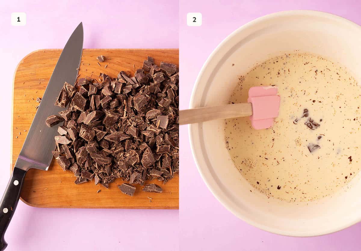 Step by step instructions showing how to chop chocolate and a mixing bowl filling with cream.