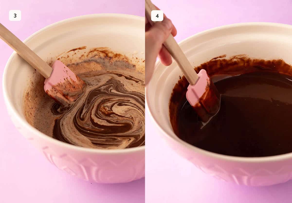 Side by side mixing bowls showing how to mix chocolate ganache until smooth