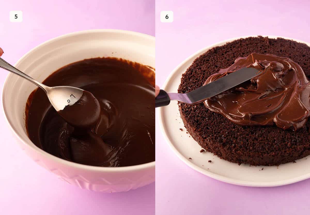 Cream chocolate ganache frosting placed on a cake layer.