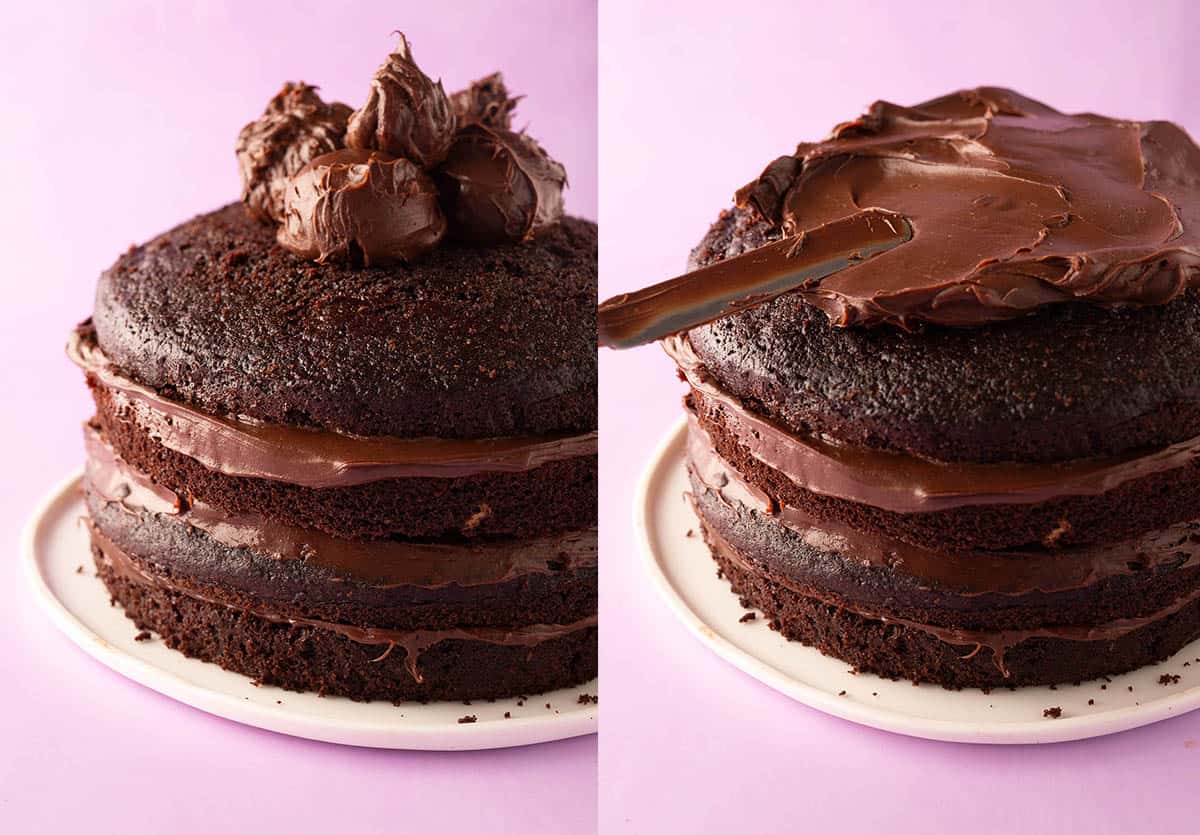 Four layer cake being frosted with chocolate ganache