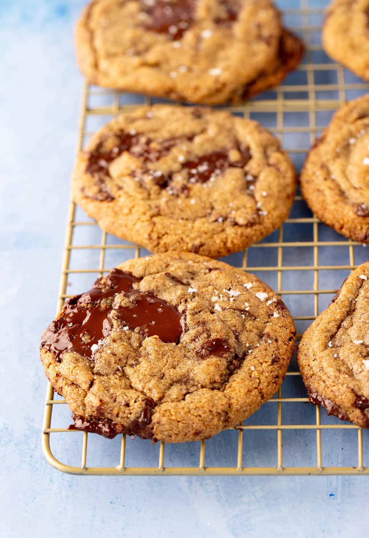 Beautiful homemade Rye Chocolate Chip Cookies cooling on a wire rack.