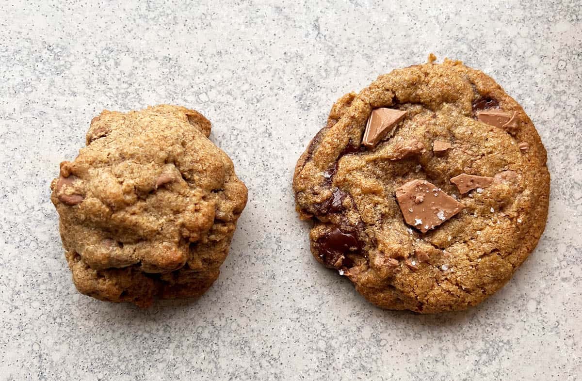 Two different cookies showing the recipe testing process by Jessica Holmes. 