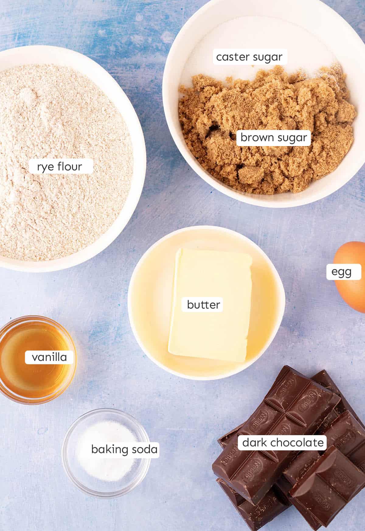 All the ingredients needed to make a batch of Rye Chocolate Chip Cookies from scratch.