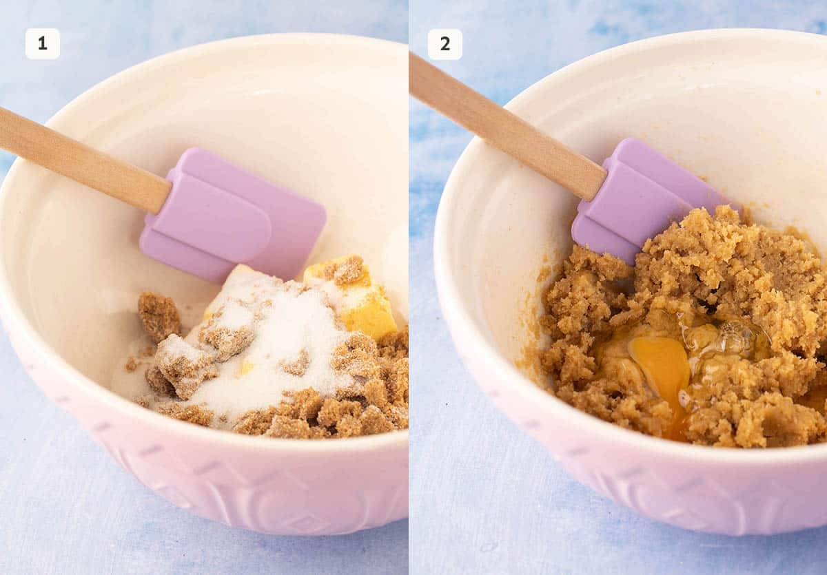 Photo tutorial showing butter and sugars in a pink mixing bowl.