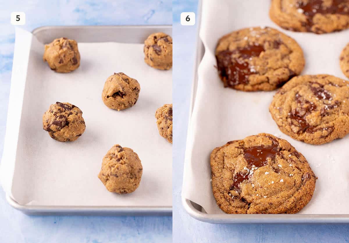 A baking tray showing cookie dough before and after it's been cooked.