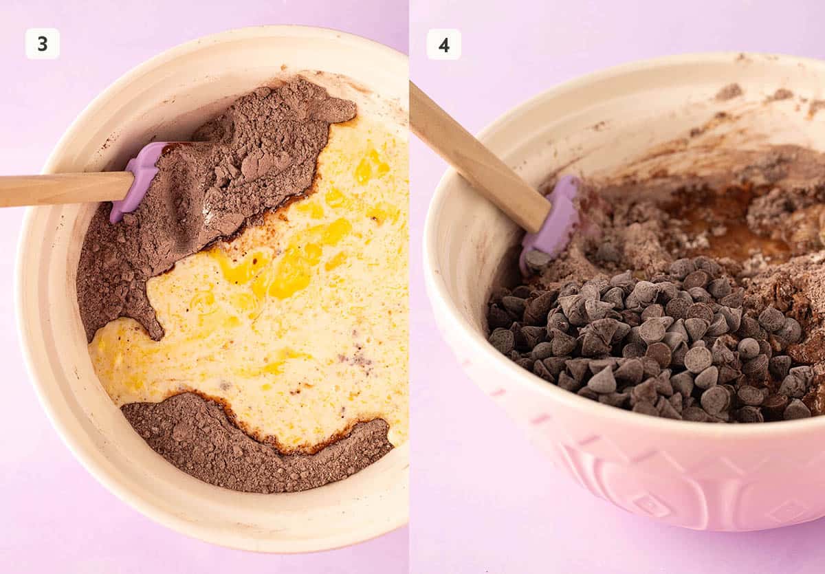 A large mixing bowl filled with chocolate muffin batter.