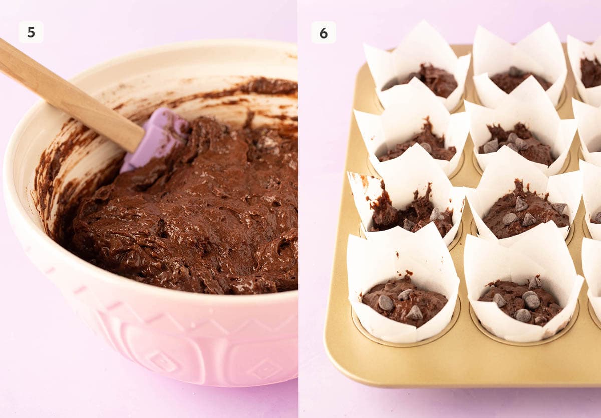 Side by side photos showing how to add chocolate muffin batter into muffin pan.