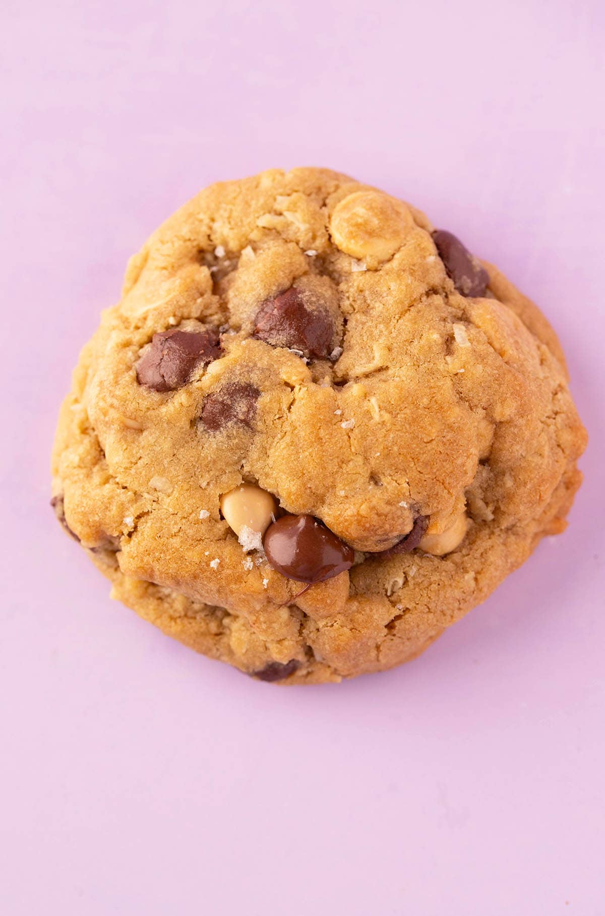 Top view of a single Caramel Coconut Chocolate Chip Cookie.
