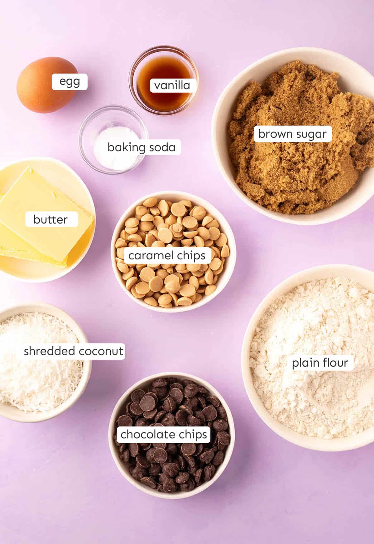 All the ingredients needed to make Caramel Coconut Cookies from scratch.